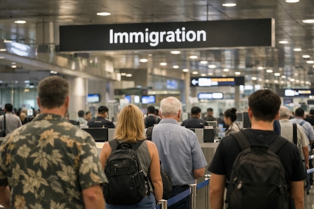 File d'attente de voyageurs devant les guichets de l'immigration à l'aéroport de Bangkok, illustrant les contrôles renforcés pour les visa runs en 2026.