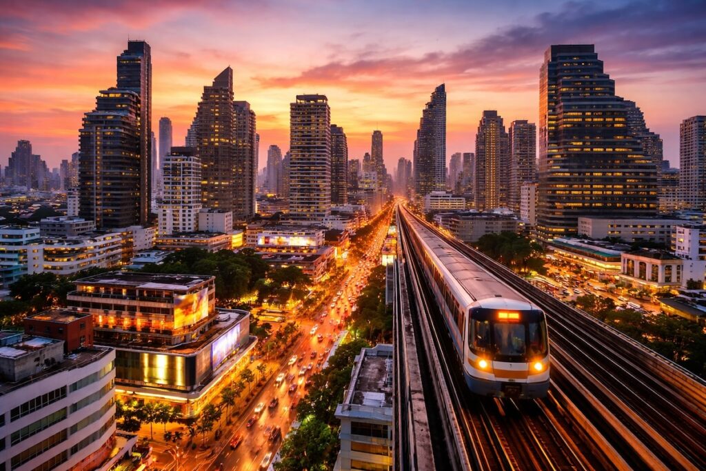 ue plongeante sur le BTS Skytrain traversant les quartiers modernes de Bangkok au coucher du soleil. Bien choisir où dormir dépend de ces transports.