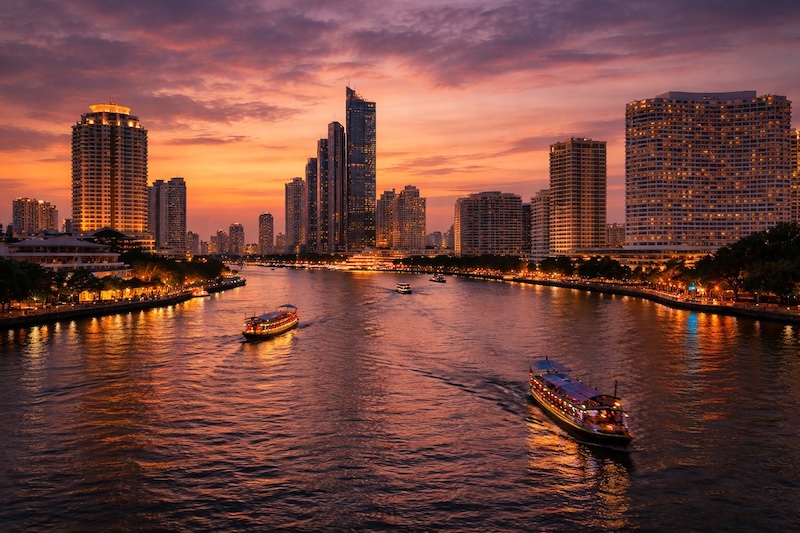 Bateaux navettes circulant sur le fleuve Chao Phraya au coucher du soleil devant les hôtels de luxe du quartier Riverside à Bangkok.