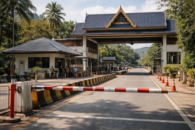 Barrière de contrôle devant un poste frontière terrestre thaïlandais, illustrant les limites strictes de 2 entrées par an pour les visa runs.