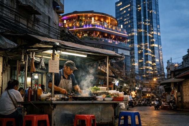 Stand de street food en Asie… coût réel du voyage