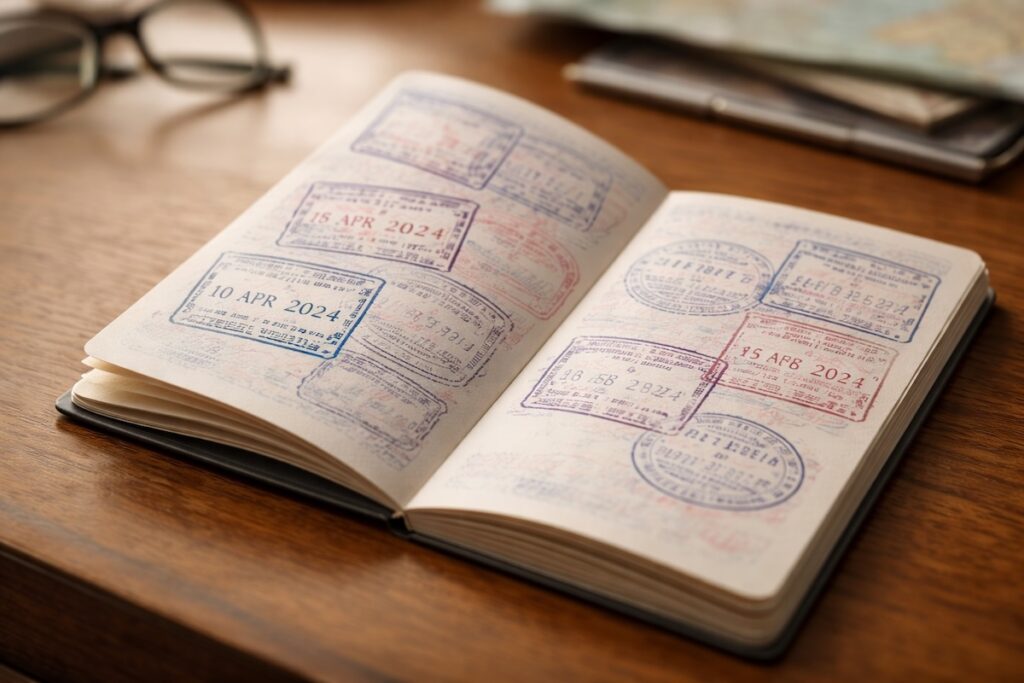 Passeport ouvert montrant plusieurs tampons d'entrée et de sortie de Thaïlande, illustrant la pratique du visa run et les contrôles aux frontières en 2026.