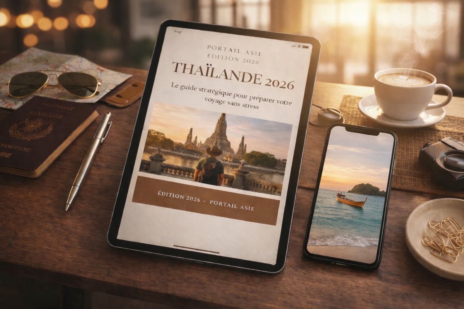 Guide stratégique Thaïlande 2026 de Portail Asie présenté sur tablette et smartphone