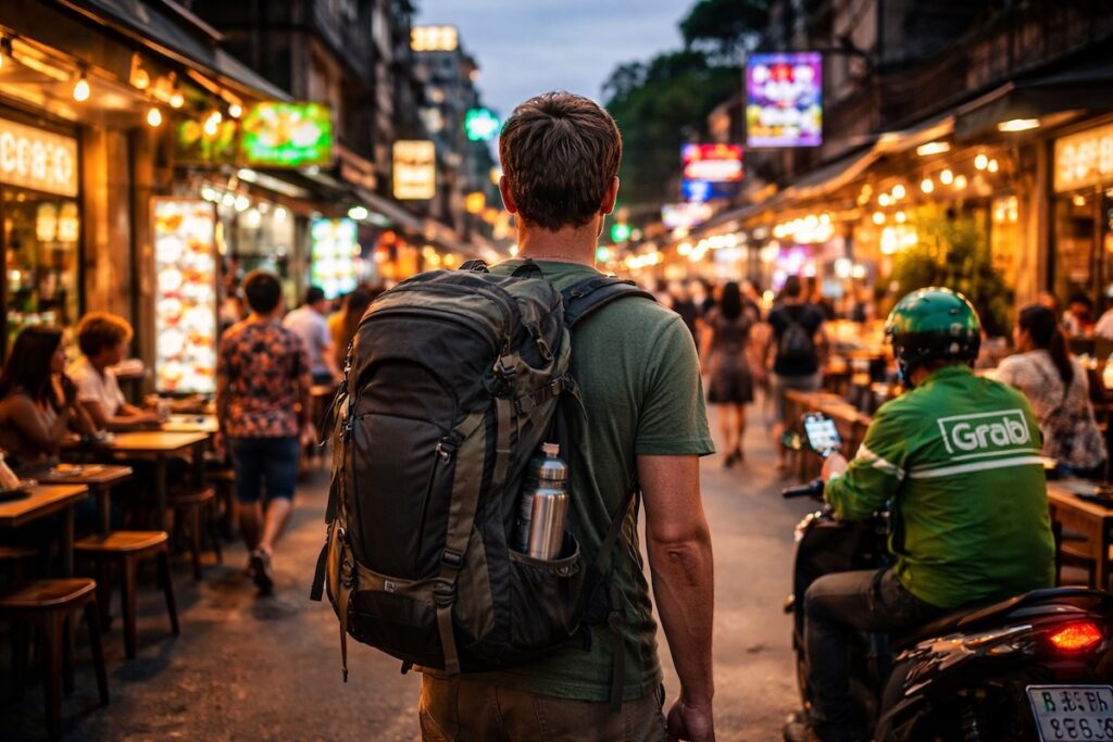 Voyageur en Asie utilisant des services modernes de transport et de restauration, illustrant l’augmentation du budget de voyage