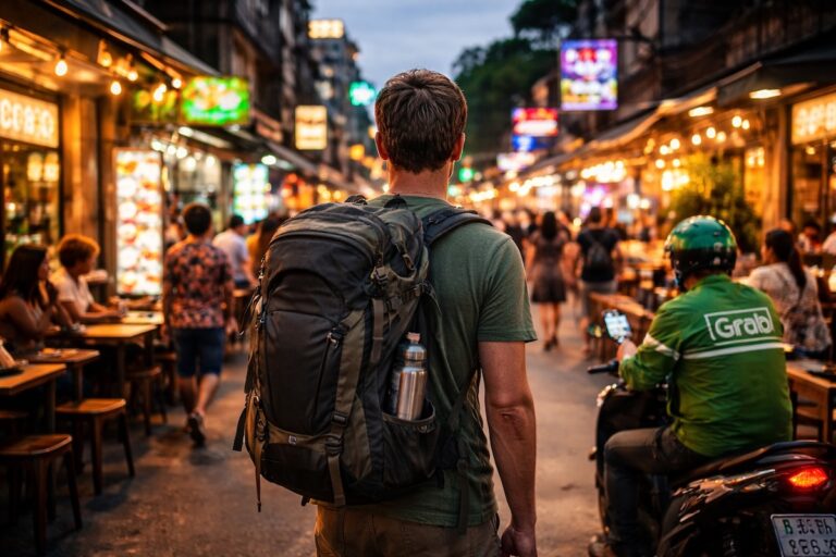 Voyageur en Asie utilisant des services modernes de transport et de restauration, illustrant l’augmentation du budget de voyage