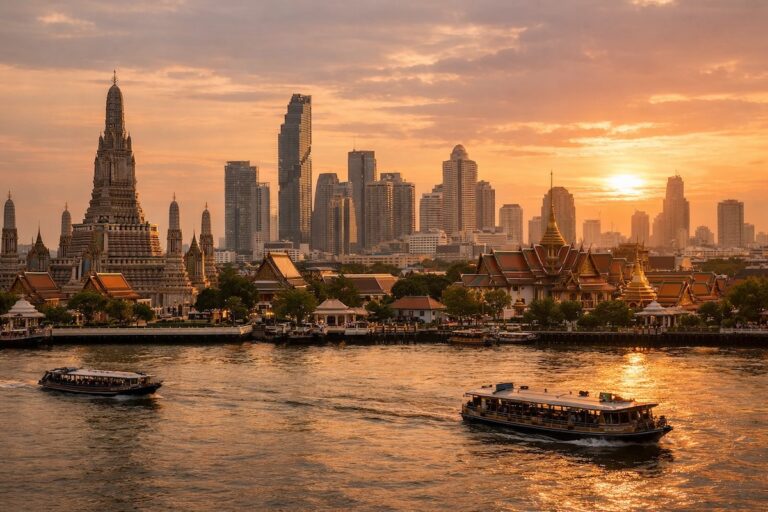 Skyline de Bangkok au coucher du soleil avec le temple Wat Arun et la rivière Chao Phraya
