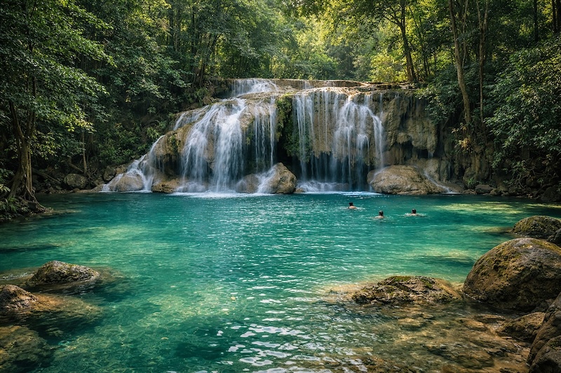 Baigneurs dans un bassin turquoise aux cascades d’Erawan, dans le parc national d’Erawan à Kanchanaburi en Thaïlande
