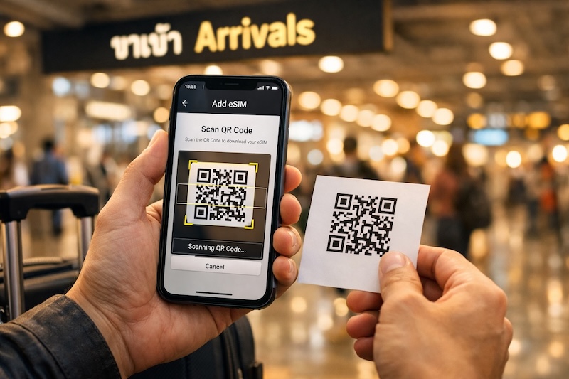 Installation d'une eSIM sur smartphone en scannant un QR code à l'aéroport en Thaïlande