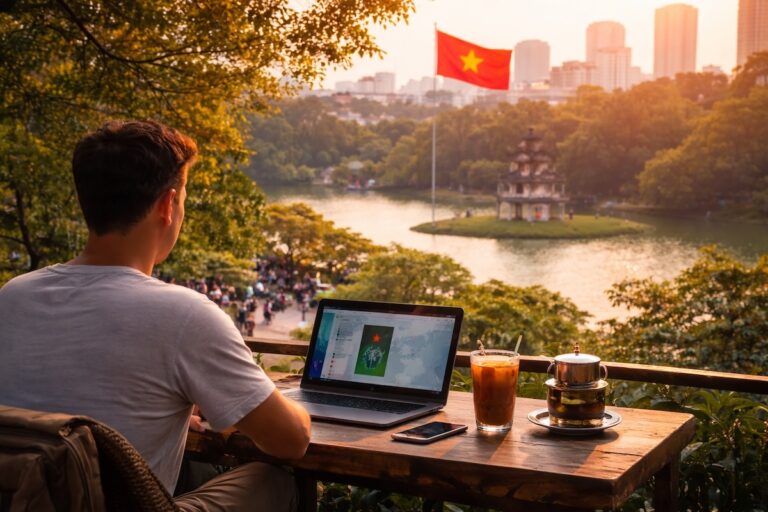 igital nomad utilisant le meilleur VPN pour le Vietnam sur son ordinateur avec vue sur le lac Hoan Kiem à Hanoï