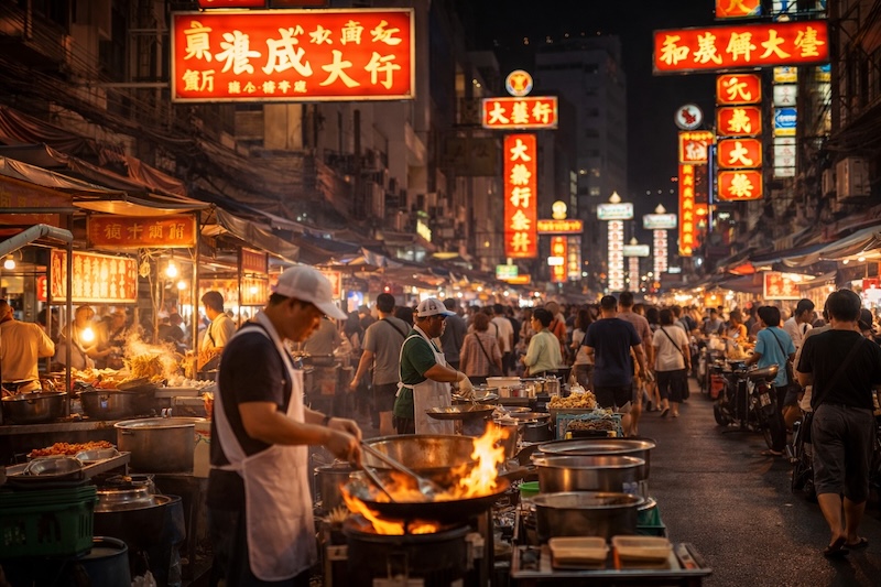 Street food dans le quartier Yaowarat Chinatown à Bangkok de nuit