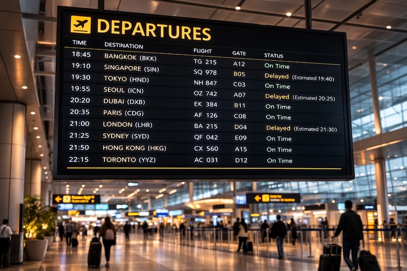 Tableau des départs dans un aéroport international montrant des vols vers Bangkok et Dubaï avec retards