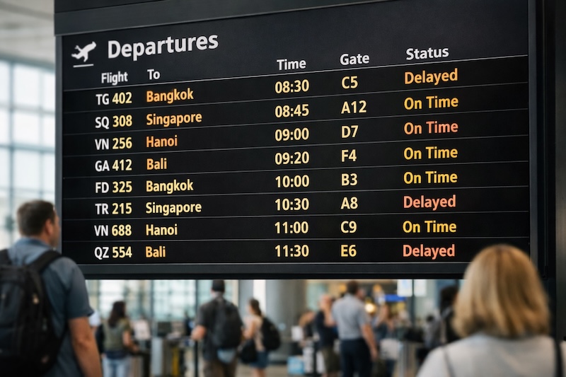 Tableau des départs en aéroport affichant des vols vers Bangkok, Singapour et Bali avec retards et vols à l’heure en Asie du Sud-Est