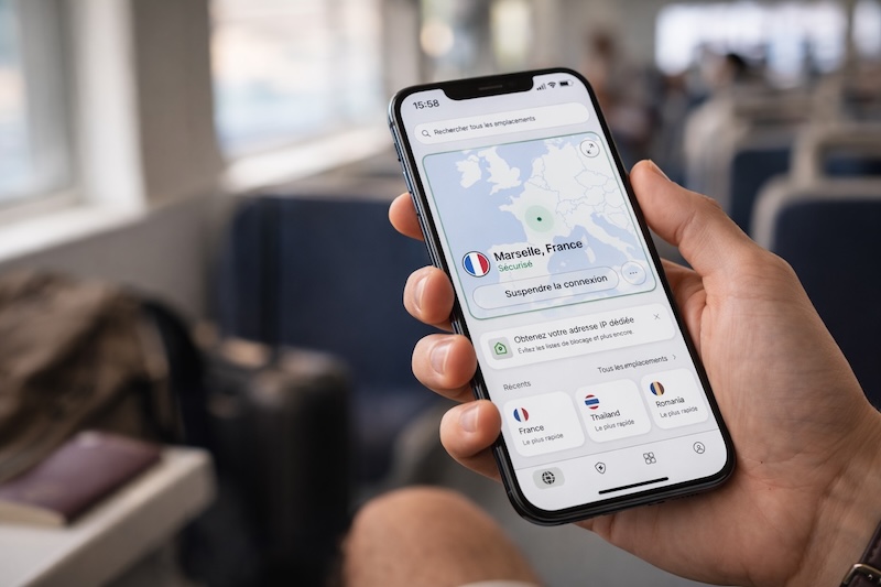 Smartphone affichant une connexion VPN vers la France pendant un trajet en voyage