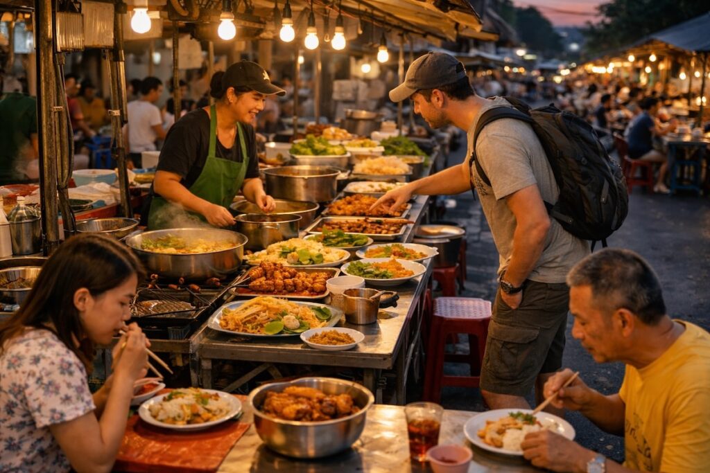 Stand de street food en Thaïlande avec un voyageur en train de choisir un plat