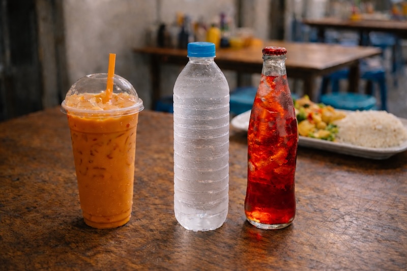 Cha yen, bouteille d’eau et soda servis avec un repas thaïlandais dans un restaurant local