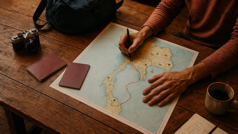 Voyageur traçant un itinéraire sur une carte de Thaïlande