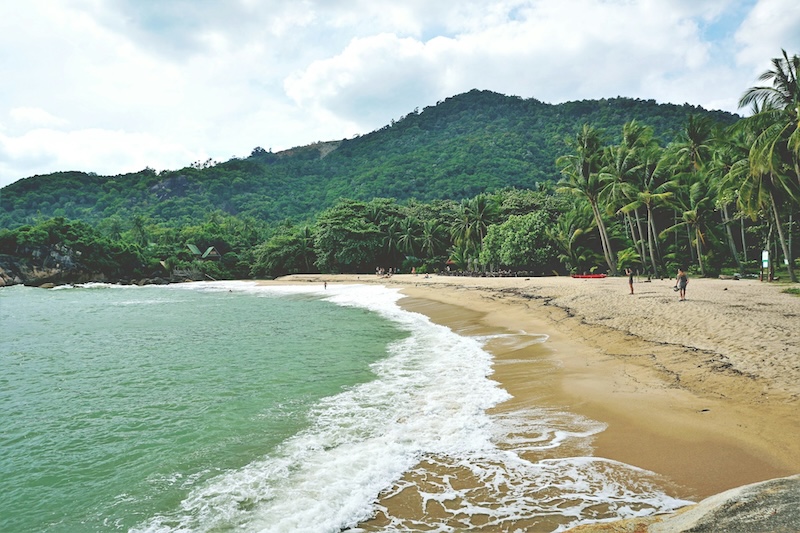 Plage de Haad Than Sadet à Koh Phangan avec palmiers et collines verdoyantes