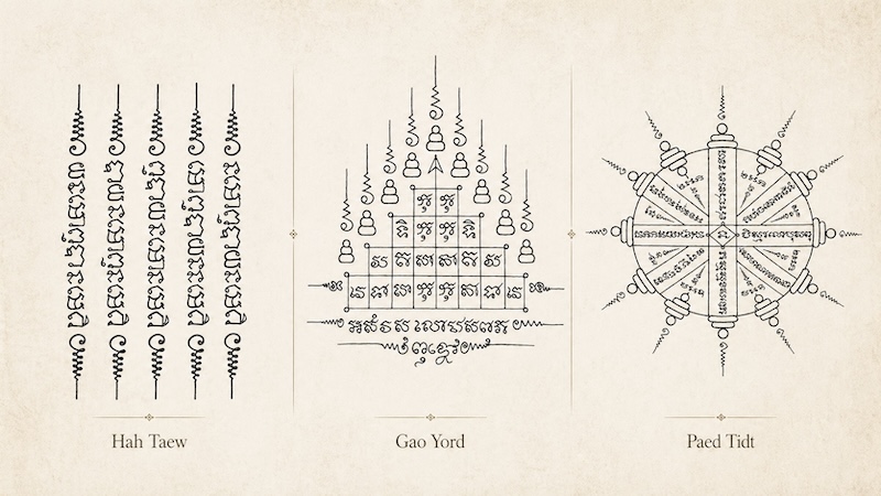 Trois motifs Sak Yant traditionnels Hah Taew Gao Yord et Paed Tidt