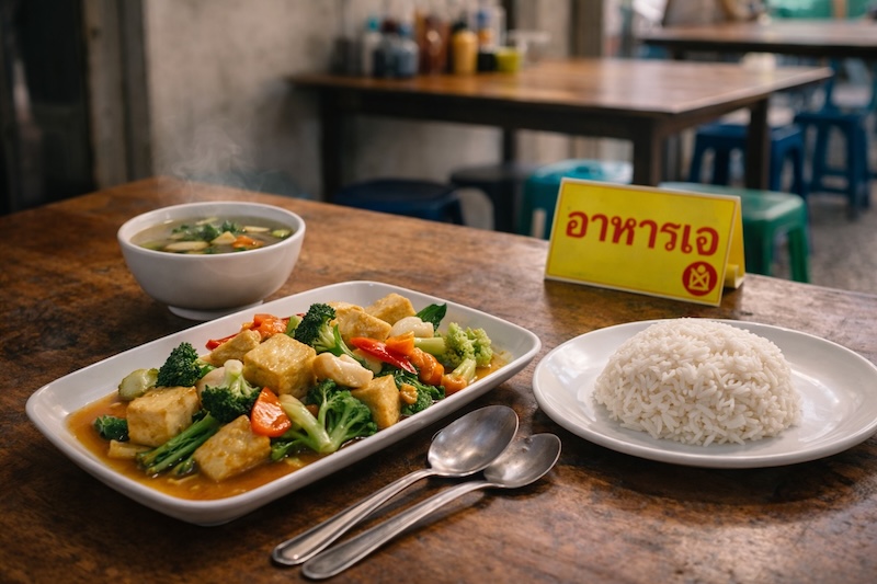 Plat thaïlandais jay avec tofu, légumes, riz et panneau en thaï indiquant nourriture jay