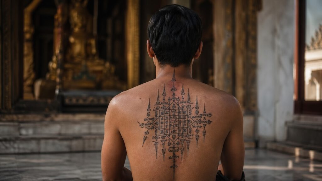 Tatouage Sak Yant traditionnel sur le dos dans un temple thaïlandais