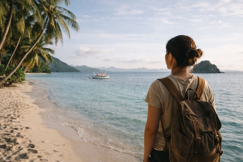Voyageuse sur une plage tropicale aux Philippines illustrant un voyage serein avec une assurance voyage adaptée