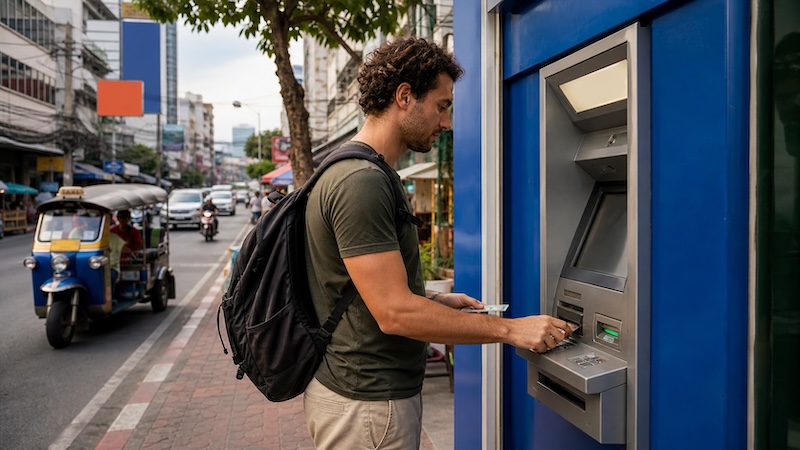 Voyageur retirant de l'argent à un ATM dans une rue en Thaïlande