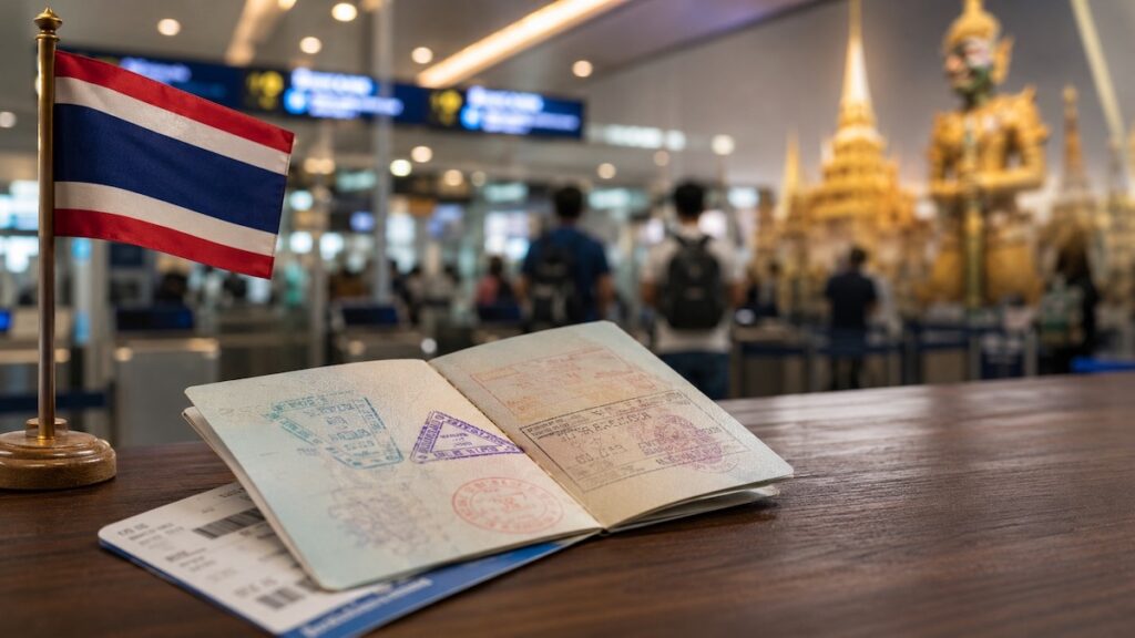 Passeport ouvert avec drapeau thaïlandais dans un aéroport pour illustrer l’exemption de visa en Thaïlande de 30 jours