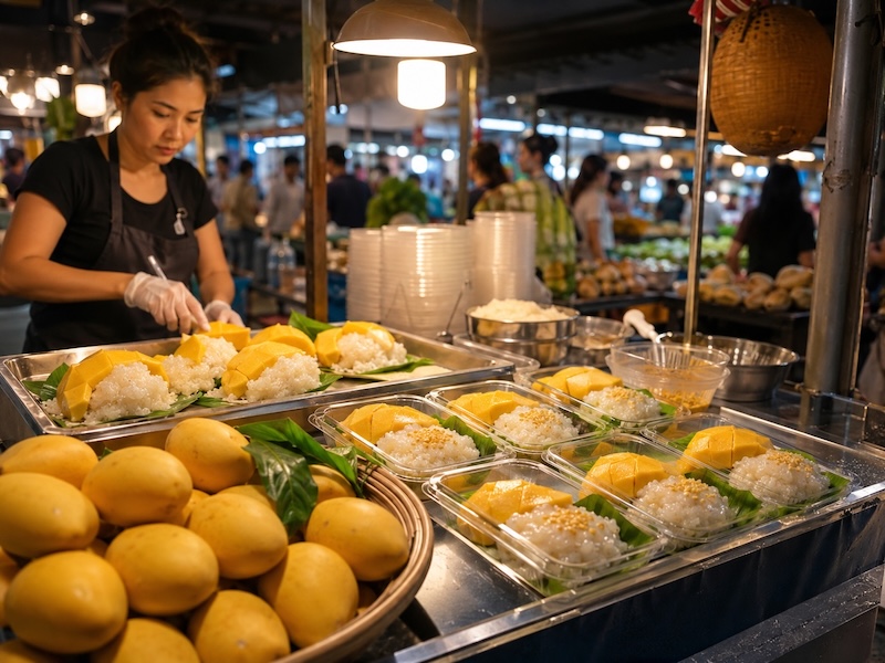 Stand de mango sticky rice dans un marché de nuit à Bangkok avec mangues fraîches et riz gluant