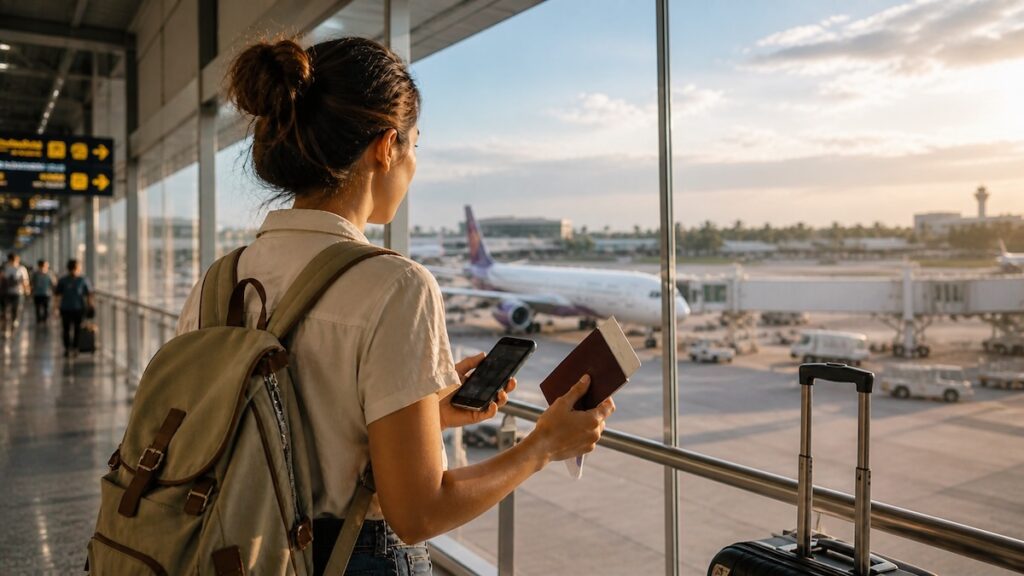 Voyageuse avec passeport et smartphone à l'aéroport pour un premier voyage en Thaïlande