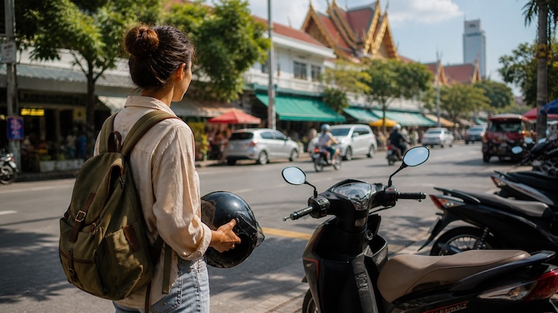 Voyageuse avec un casque devant un scooter dans une rue en Thaïlande