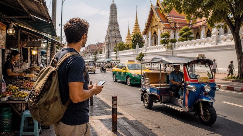 Voyageur devant un tuk-tuk, un temple et un marché de rue en Thaïlande