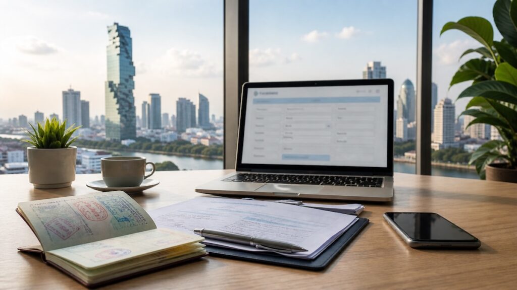 Visa DTV Thaïlande avec passeport, documents administratifs et ordinateur portable