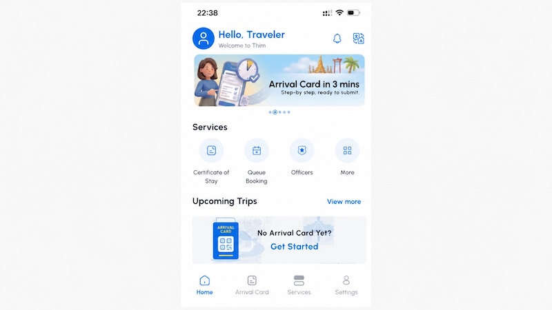 Écran d’accueil de l’application THIM Thaïlande avec accès à la carte d’arrivée numérique et aux services d’immigration