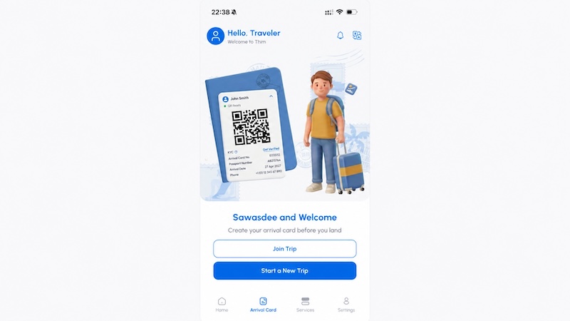 Onglet Arrival Card de l’application THIM Thaïlande avec les options Join Trip et Start a New Trip