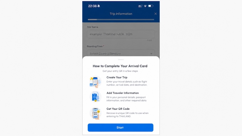 Écran de l’application THIM Thaïlande expliquant comment créer un voyage, ajouter les informations du voyageur et obtenir un QR code