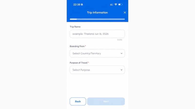 Écran Trip Information de l’application THIM Thaïlande pour renseigner le nom du voyage, le pays de départ et le motif du séjour