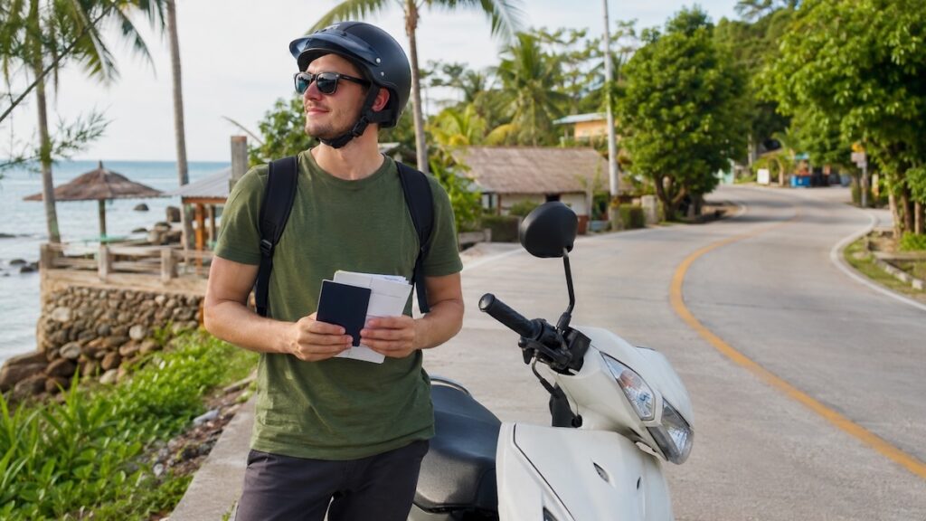 Voyageur avec casque et documents à côté d'un scooter sur une route côtière en Thaïlande, illustrant l'importance du permis et de l'assurance avant de louer