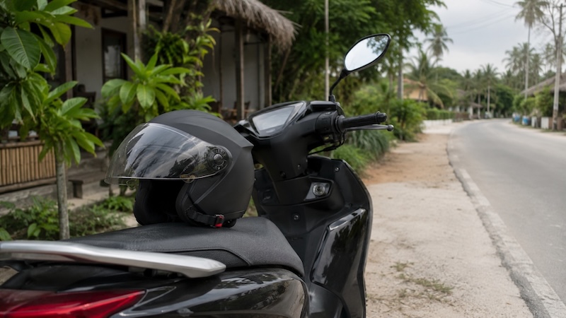 Casque posé sur un scooter en Thaïlande pour illustrer l’assurance et le permis de conduire