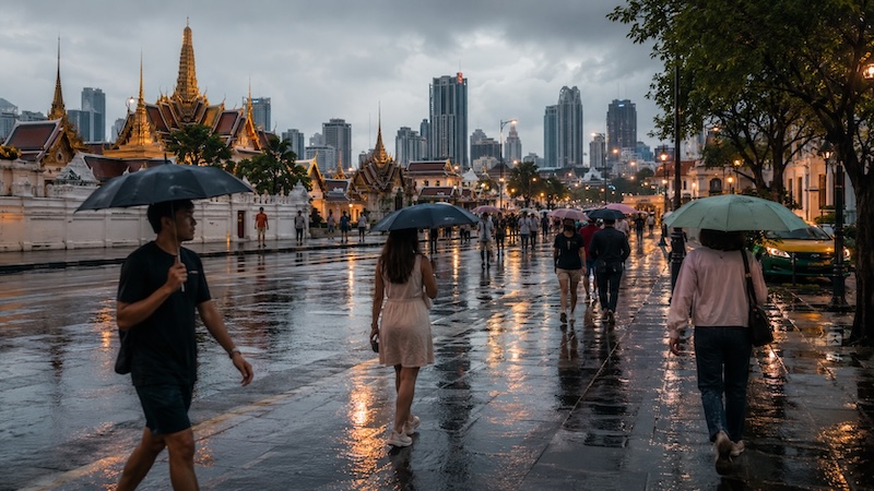 Rue de Bangkok sous la pluie en septembre avec parapluies et ciel nuageux