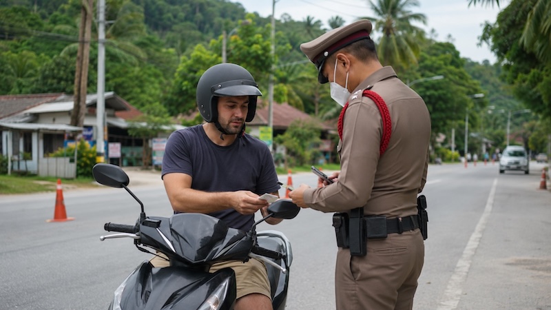 Voyageur en scooter contrôlé par la police en Thaïlande