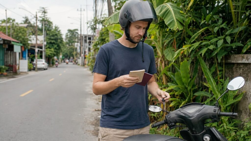 Voyageur avec casque, scooter et documents de permis international en Thaïlande