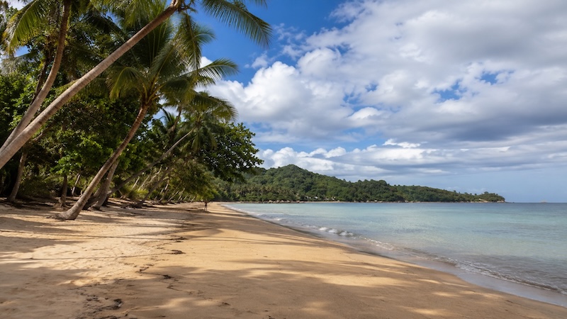 Plage tropicale du golfe de Thaïlande en septembre avec palmiers et ciel variable
