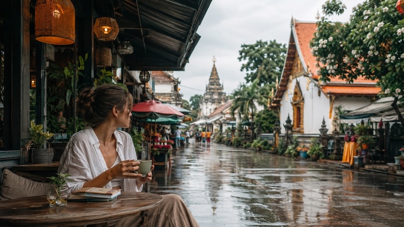 Voyageuse dans un café près d’un temple en Thaïlande pendant la saison des pluies