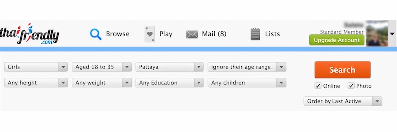 Interface de recherche ThaiFriendly avec filtres d’âge, de localisation et de profil