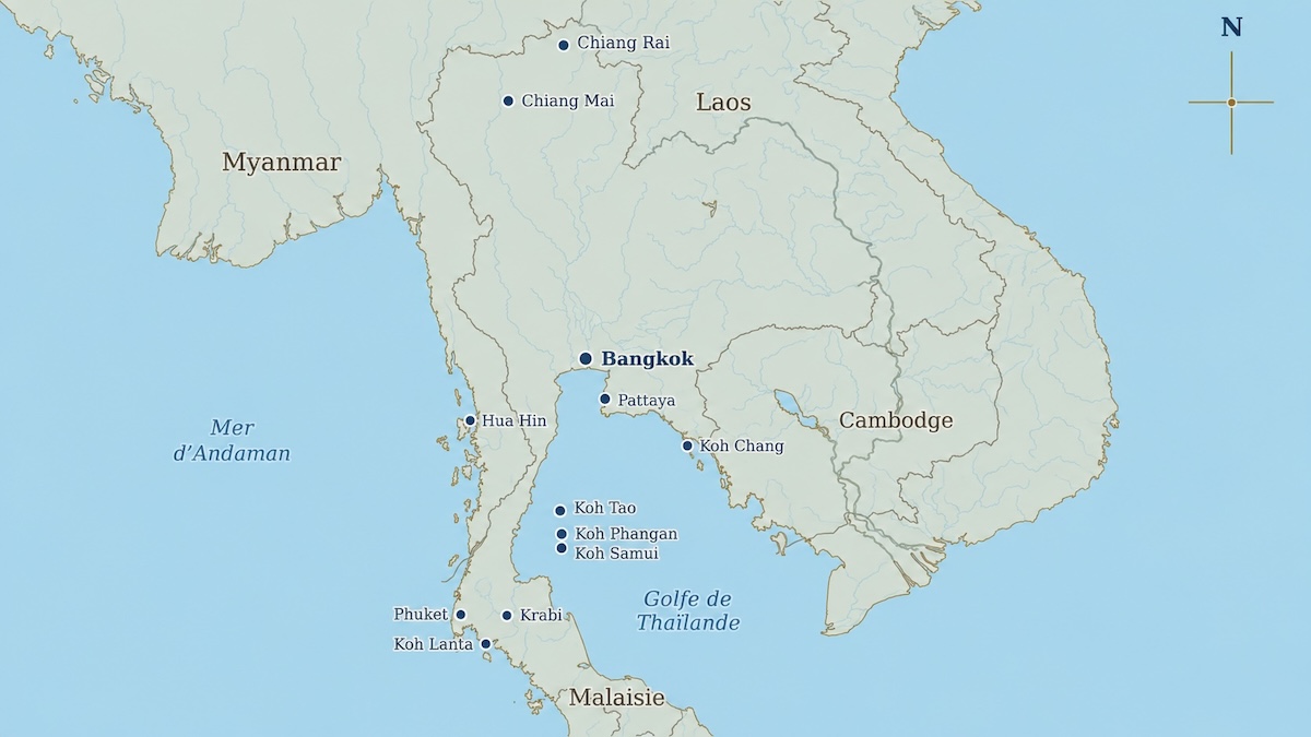 Carte de Thaïlande avec les principales villes et îles touristiques