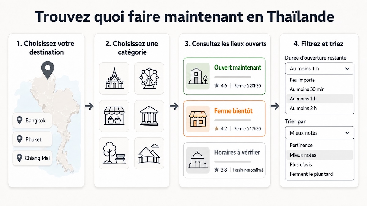 Infographie expliquant comment trouver les lieux ouverts maintenant en Thaïlande