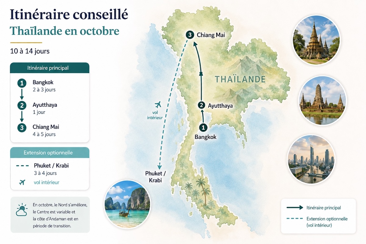 Carte d’un itinéraire en Thaïlande en octobre de Bangkok à Ayutthaya et Chiang Mai, avec extension vers Phuket ou Krabi