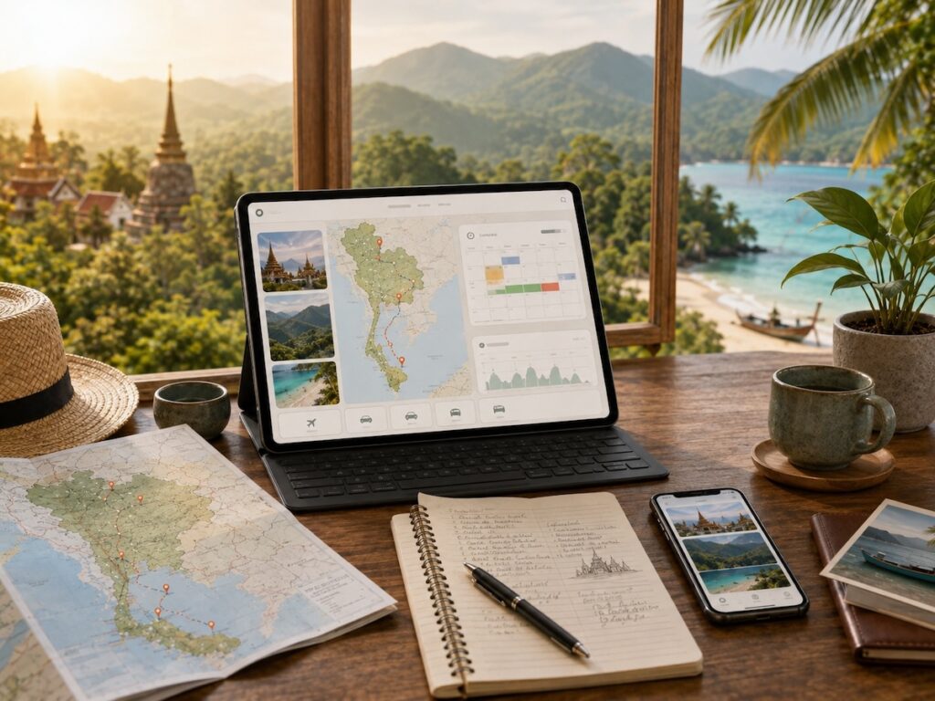 Préparation d’un itinéraire en Thaïlande avec une carte, une tablette et des paysages de montagne et de plage