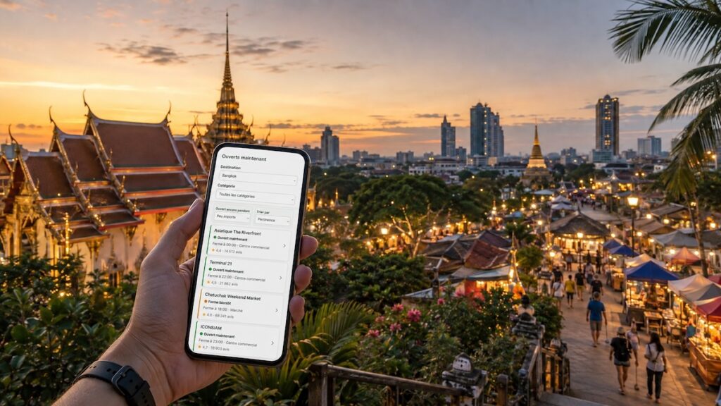Voyageur utilisant un outil pour trouver les lieux ouverts maintenant en Thaïlande