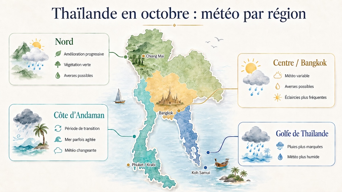 Carte de la météo en Thaïlande en octobre par région, avec Chiang Mai, Bangkok, Phuket, Krabi et Koh Samui